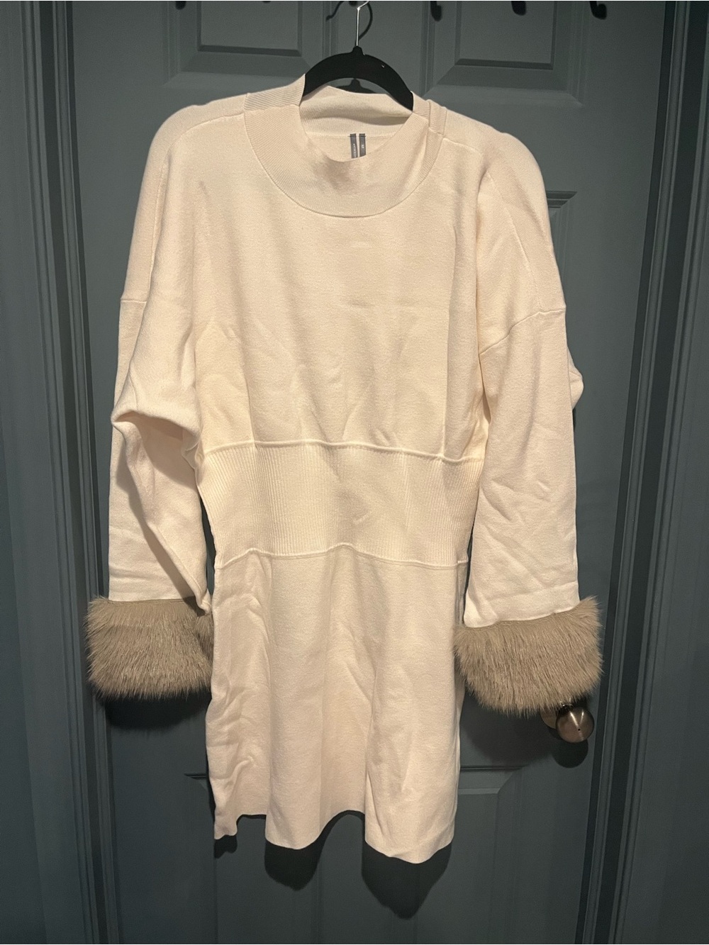 Ivory Long Sleeve Sweater Dress with Faux Fur Cuffs